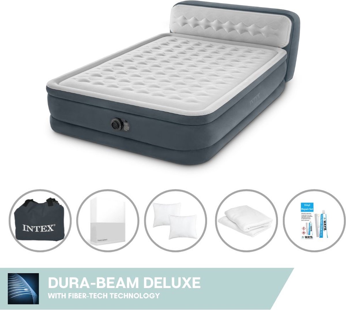 Intex Luchtbedset - 2-Persoons - 152 x 236 x 86 cm - Grijs - Met electrische pomp + Hoeslaken Wit + Kussen + Molton 2 in 1 Kussenslopen + Reparatieset