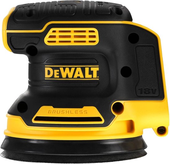 DeWalt 18V Brushless excenterschuurmachine, volledig zwart met gele accenten.