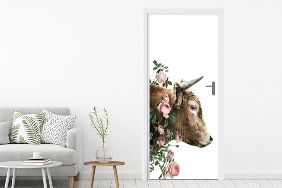 Deurposter 95x215 cm - Deursticker Schotse hooglander - Koe - Bloemen - Meubelfolie zelfklevend - Deurfolie woonkamer - Interieurfolie fotobehang - Deur plakfolie - Deurstickers - Deurbehang sticker - Kamer decoratie