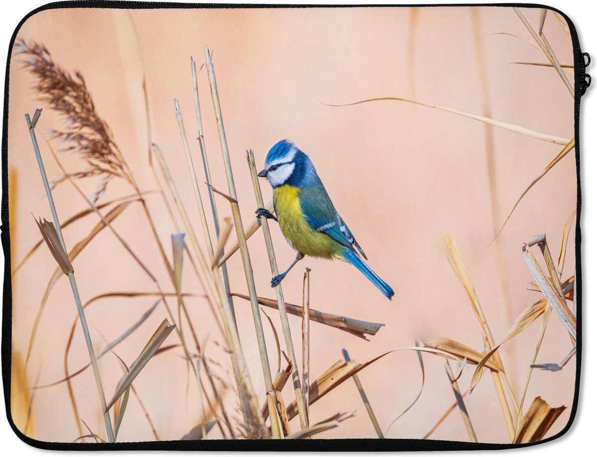 Laptophoes 17 inch - Vogel - Pimpelmees - Riet - Laptop sleeve - Binnenmaat 41x28 cm - Zwarte achterkant