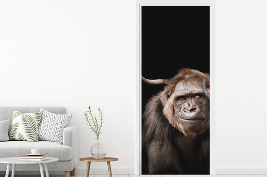 Deurposter 90x235 cm - Deursticker Schotse hooglander - Gorilla - Zwart - Meubelfolie zelfklevend - Deurfolie woonkamer - Interieurfolie fotobehang - Deur plakfolie - Deurstickers - Deurbehang sticker - Kamer decoratie