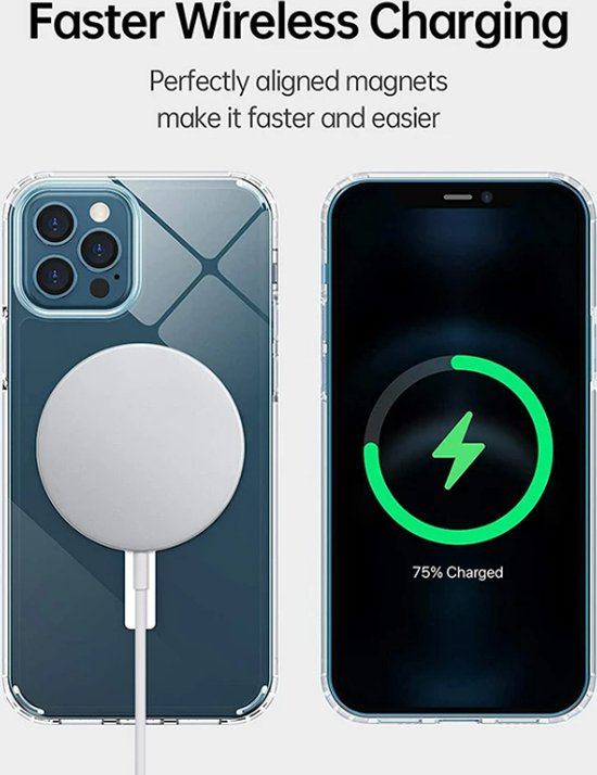 Transparante hoes voor iPhone met magnetische oplader, en weergave van opladen.