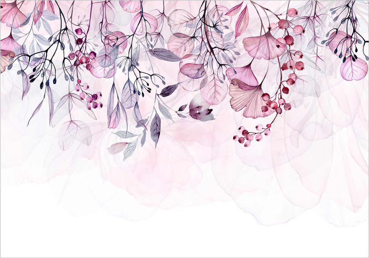 Fotobehangkoning - Behang - Vliesbehang - Fotobehang - Foggy Nature - Pink - Bladeren - Roze - 400 x 280 cm