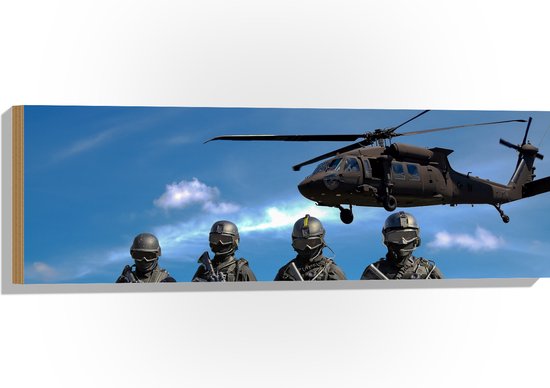 WallClassics - Hout - Rij Soldaten bij Legerhelikopter - 90x30 cm - 12 mm dik - Foto op Hout (Met Ophangsysteem)