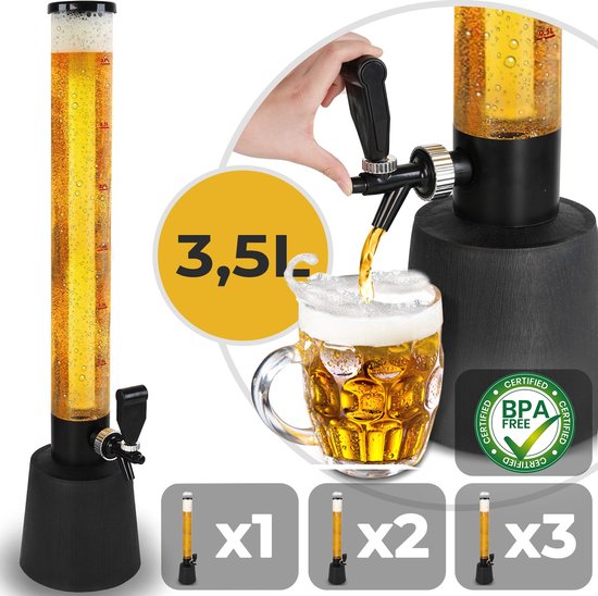 Relaxdays beer tower with tap, drink dispenser, 2.5 litres, beer column with ice tube, for garden parties & more, transparent/black