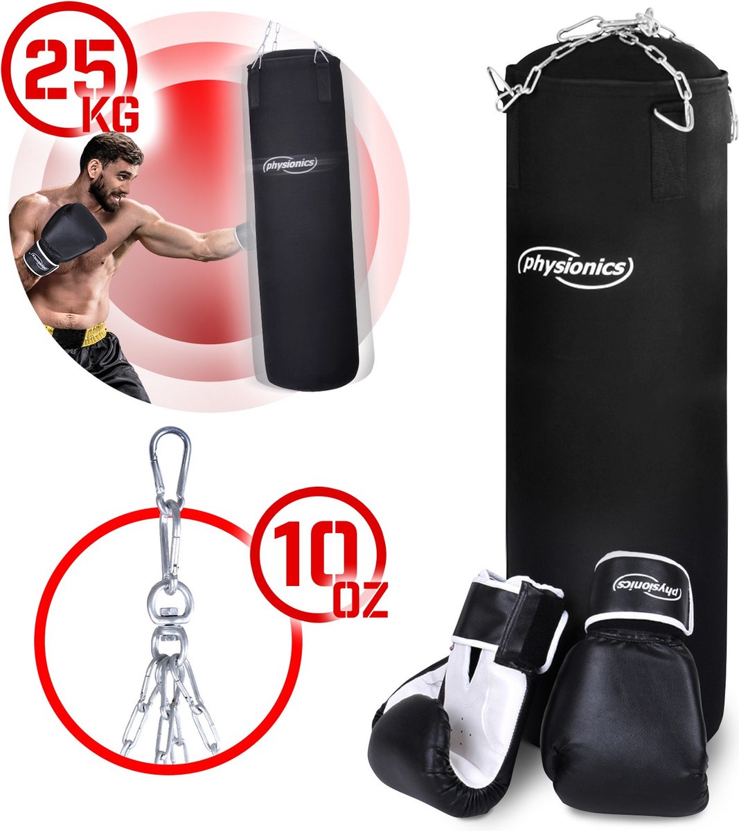 Physionics® Staande Bokszak - voor Volwassenen & Jeugd, 175 cm, Zuignapvoet, Kunstleer - Boksen, Zwaar, Staande Bokszak, Huisgym, Oefening, Trainingsmateriaal