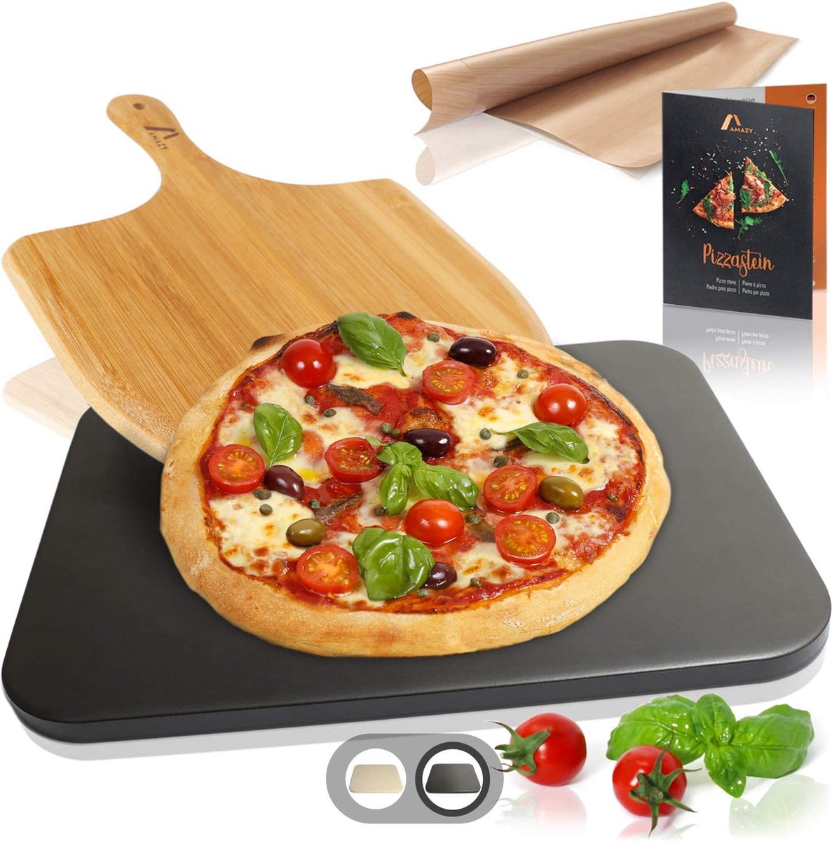 AMAZY Pizzasteen Incl. Bamboe Pizzaschep, Duurzame Bakfolie en Recepten Boekje – de Broodbaksteen (Hittebestendig, Zwart) Geeft je Pizza de Smaak van Italiaans Knapperige Steenovenpizza