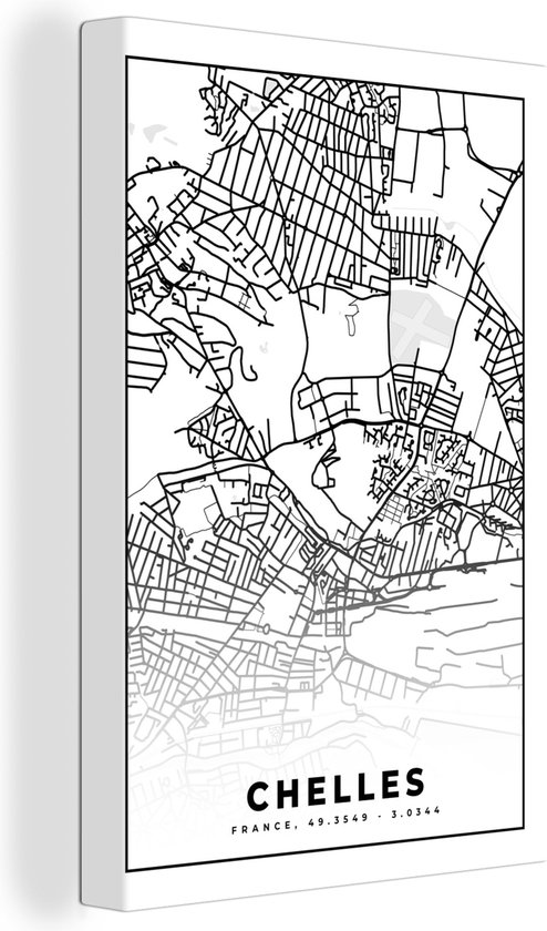 Canvas Schilderij Frankrijk - Chelles - Stadskaart - Plattegrond - Kaart - Zwart wit - 60x90 cm - Wanddecoratie