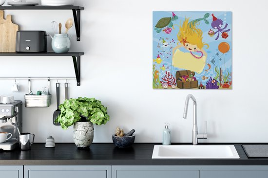 Illustration d'une sirène avec un coffre au trésor 50x50 cm - Tirage photo sur toile (Décoration murale salon / chambre) / Mer et plage