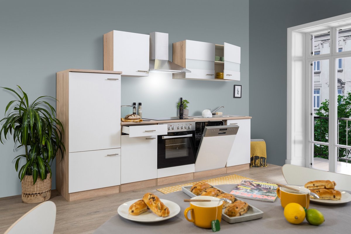 Goedkope keuken 280 cm - complete keuken met apparatuur Merle - Eiken/Wit - soft close - keramische kookplaat - vaatwasser - afzuigkap - oven - spoelbak