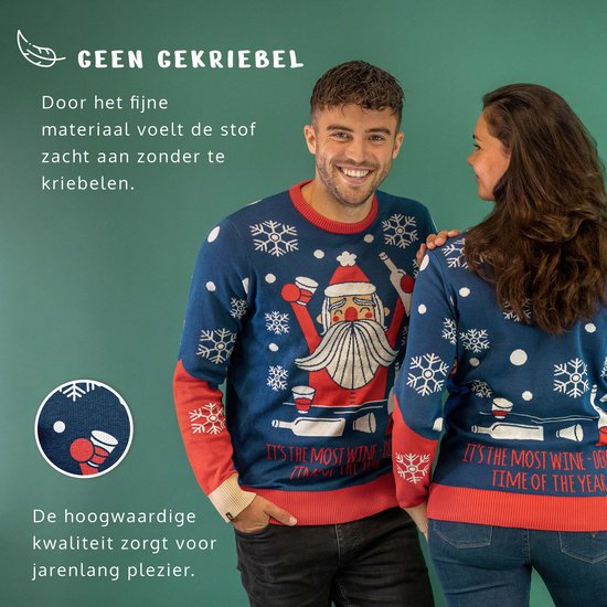 JAP Christmas Foute Kersttrui (maat L) - 100% Gerecycled - Kriebelt niet - Kerstcadeau volwassenen - Kersttrui dames en heren - Wine-derfull - Blauw