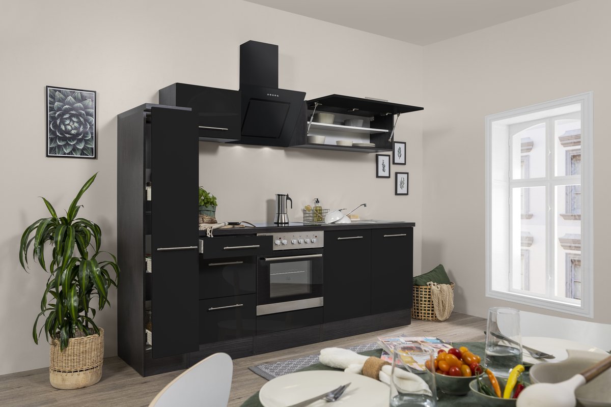 Goedkope keuken 240 cm - complete keuken met apparatuur Amanda - Eiken/Zwart - soft close - keramische kookplaat - afzuigkap - oven - spoelbak