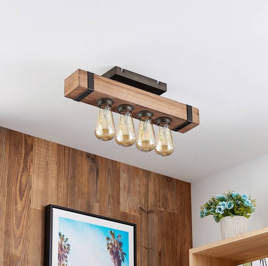 Lindby - plafondlamp hout - 4 lichts - hout, metaal - H: 12 cm - E27 - bruin, zwart