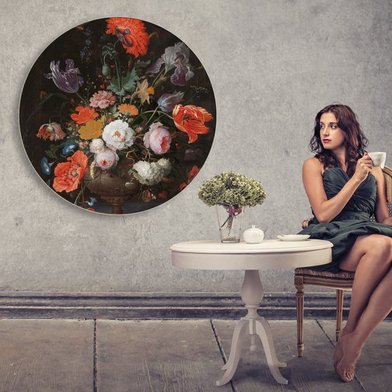 Wanddecoratie / Schilderij / Poster / Doek / Schilderstuk / Muurdecoratie / Fotokunst / Tafereel Stilleven met bloemen en een horloge - Abraham Mignon (rond) gedrukt op Geborsteld aluminium