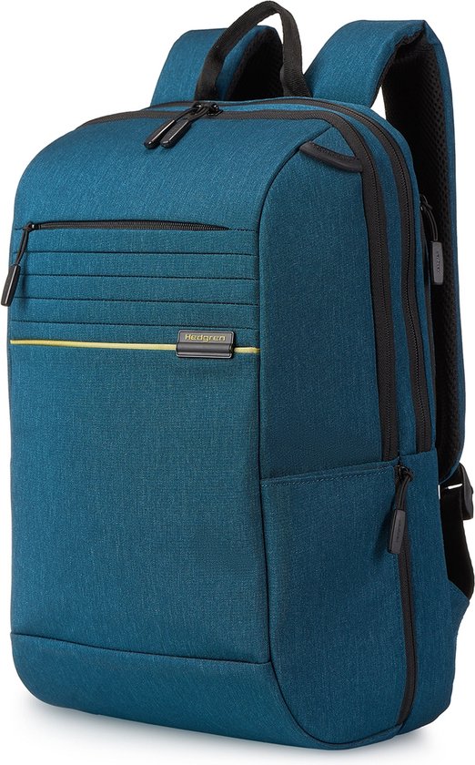 Blauwe Hedgren rugzak met zwarte ritsen en een gele accentlijn.