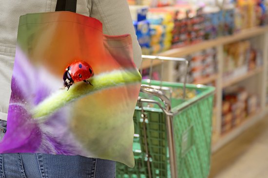 MuchoWow® Sac bandoulière - Sac de plage - Big Shopper - Sac shopping - Coccinelle sur une fleur violette - 45x45 cm - Sac en coton