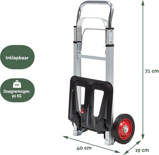 Inklapbare aluminium steekwagen met zwarte laadplaat en rode wielen. Afmetingen 71x40x19 cm.