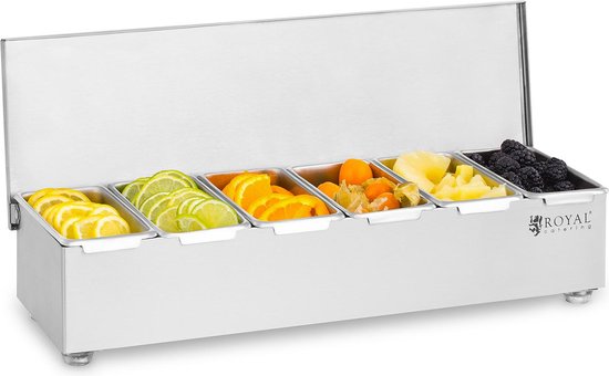 Distributeur d'ingrédients en acier inoxydable avec six bacs remplis de fruits coupés.