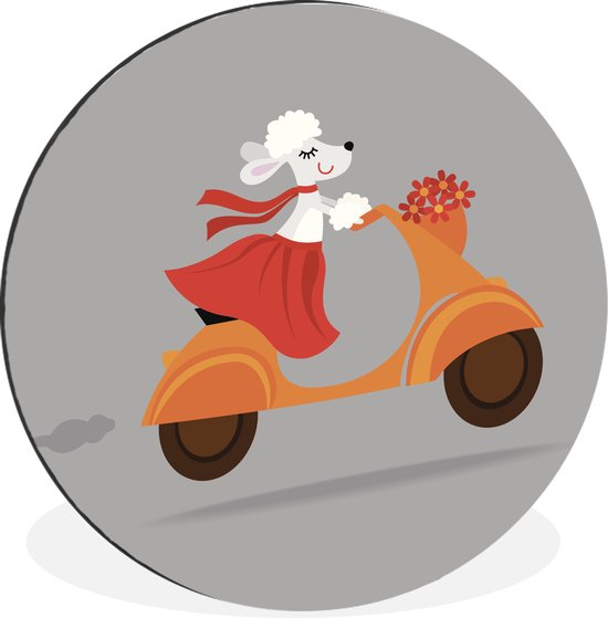 WallCircle - Wandcirkel - Muurcirkel - Illustratie van een hond op een Vespa - Aluminium - Dibond - ⌀ 140 cm - Binnen en Buiten