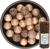 Decoris Kerstballen - 37x stuks - 6 cm - incl. kralenslinger - toffee bruin - kunststof