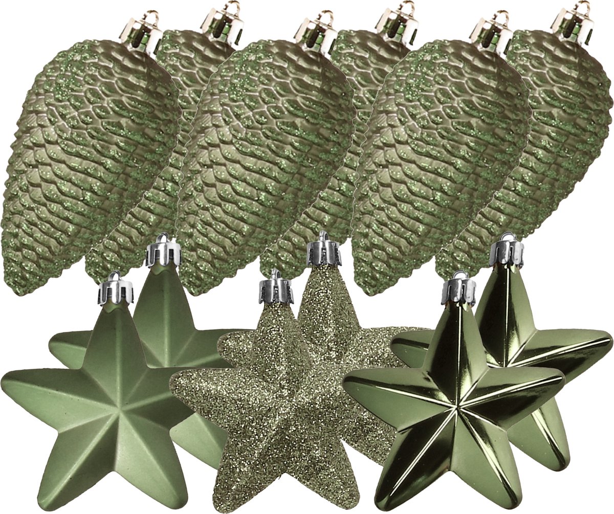 Decoris Kersthangers - 12 ST - dennenappels en sterren kerstornamenten - kunststof - mosgroen Khaki groen