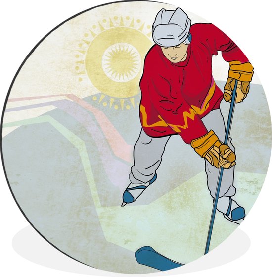 WallCircle - Wandcirkel - Muurcirkel - Een illustratie van een man met een rode jas die ijshockey speelt - Aluminium - Dibond - ⌀ 90 cm - Binnen en Buiten