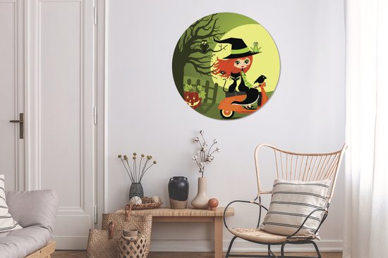 Illustration d'une sorcière sur un mur Vespa cercle aluminium ⌀ 90 cm - tirage photo sur cercle mural / cercle vivant / cercle jardin (décoration murale)