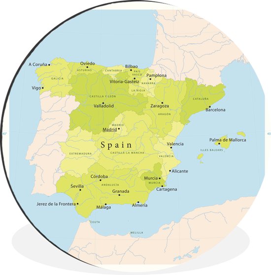 WallCircle - Wandcirkel - Muurcirkel - Illustratie van een kaart met Spanje in het groen - Aluminium - Dibond - ⌀ 60 cm - Binnen en Buiten