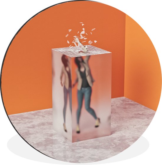 WallCircle - Wandcirkel - Muurcirkel - Een vrouw in een glazen blok - Aluminium - Dibond - ⌀ 60 cm - Binnen en Buiten