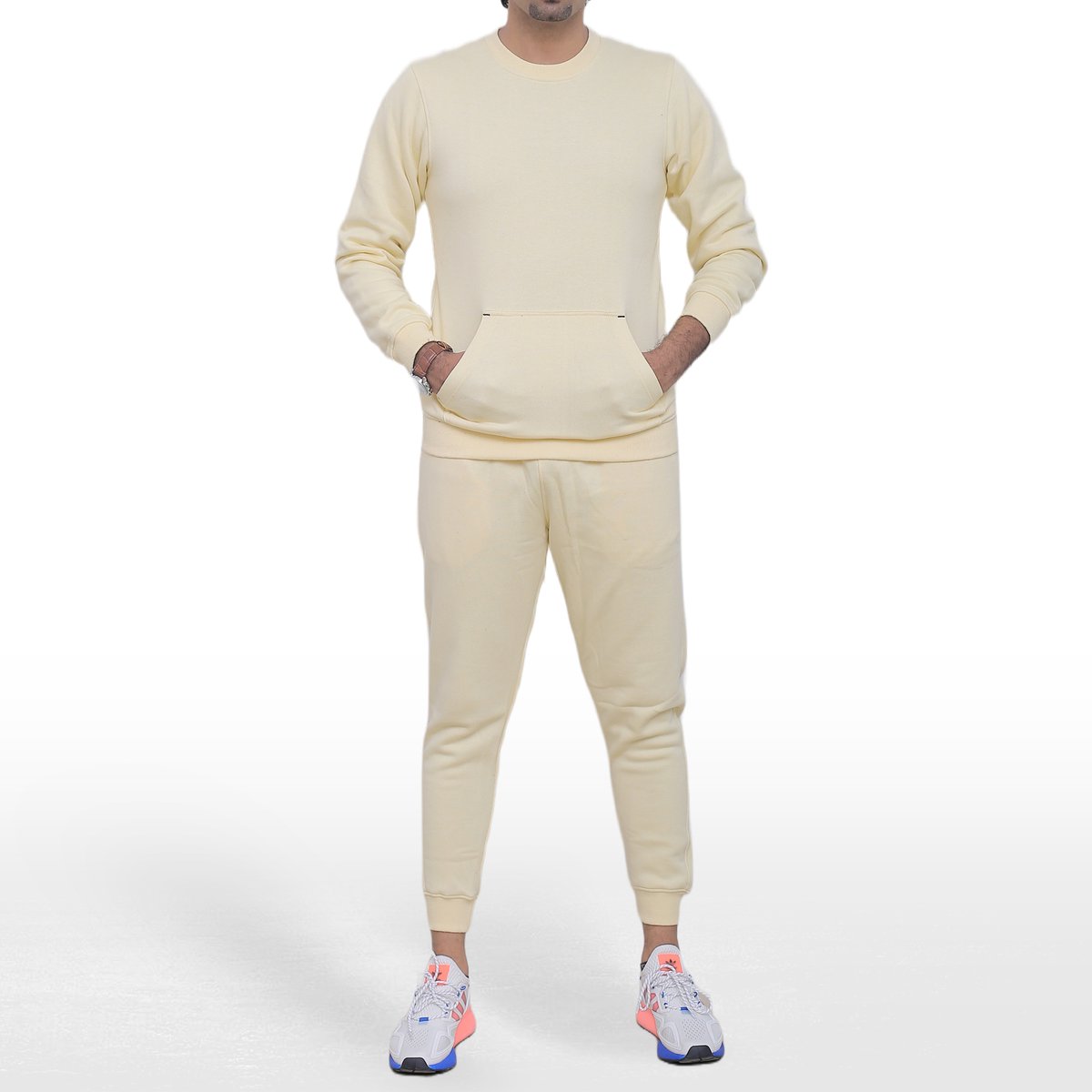 ICONICX Mens Plain Tracksuit Fleece Pullover Sweatshirt with Trousers Cotton Jogging Suit Exercise, Fitness, Boxing MMA, Cream