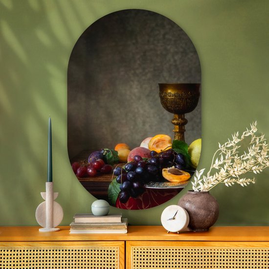Ovale mural - Ovale mural - Décoration murale plastique - Tableau ovale - Rustique - Table - Fruits - Nature morte - Tasse - 80x120 cm - Forme miroir ovale sur plastique