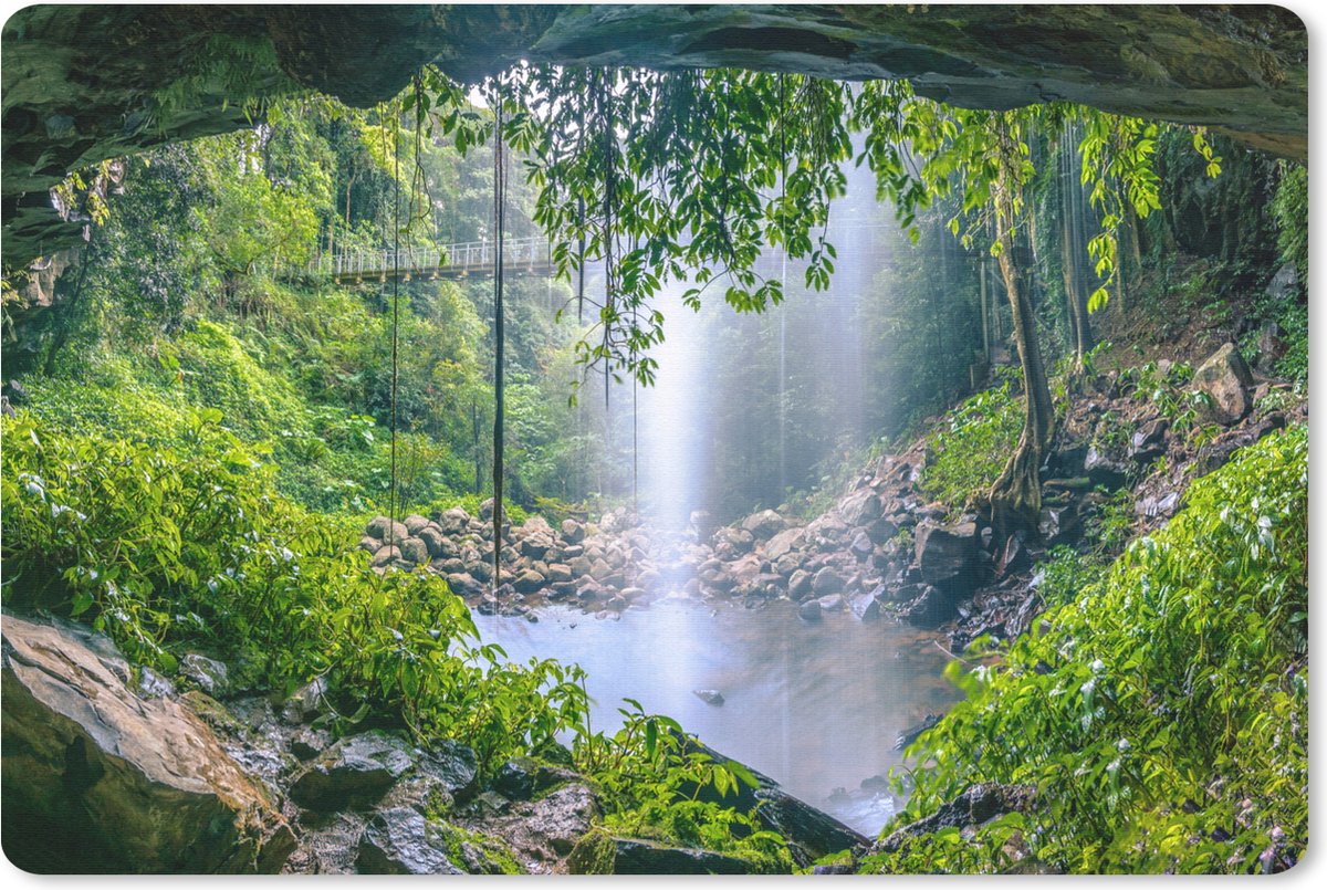 Muismat Jungle - Foto van regenwoud met waterval muismat rubber - 60x40 cm - Muismat met foto