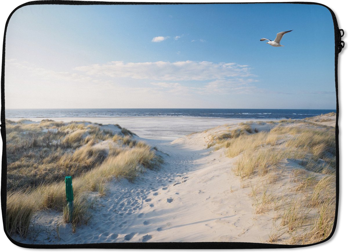 Laptophoes 14 inch - Duin - Meeuw - Strand - Zee - Zon - Laptop sleeve - Binnenmaat 33x23 cm - Zwarte achterkant