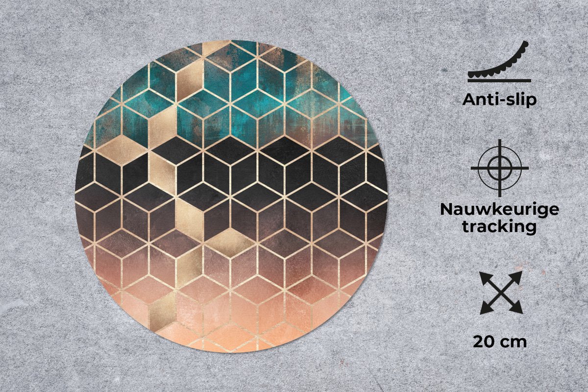 Muismat rond 20x20 cm - Mousepad Abstract - Kubus - Goud - Patronen - Luxe - Ronde muismatten
