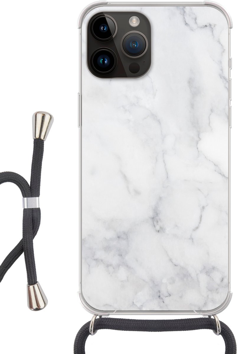 Telefoonhoesje Geschikt voor Apple Iphone 14 Pro Max - Marmer print - Wit - Grijs - Luxe - Marmer printlook - Steen - Siliconen - Crossbody - Backcover met Koord - Telefoonhoesje met koord - Hoesje met touw Telefoonhoesje