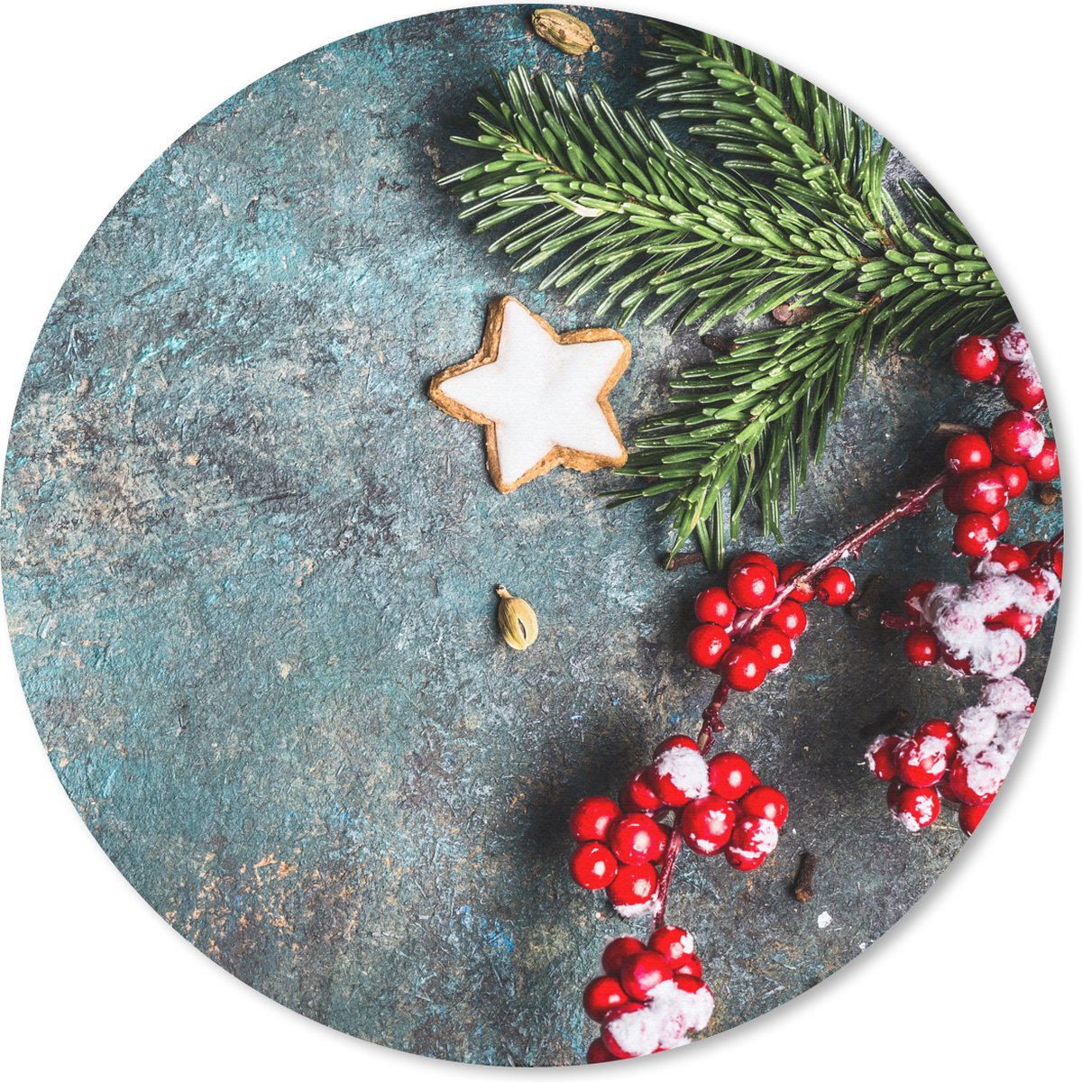Muismat rond 40x40 cm - Mousepad Kerst - Rustiek - Takken - Steranijs - Bes - Rood - Ronde muismatten