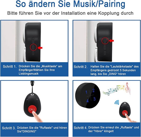 Noodoproepknop voor senioren, noodknop, huisnoodoproep, PHYSEN draadloze noodoproep, SOS-alarmknop, SOS-zender, alarmsysteem, paniekalarm Caregiver Pager, noodbel met 1 zender en 1 ontvanger