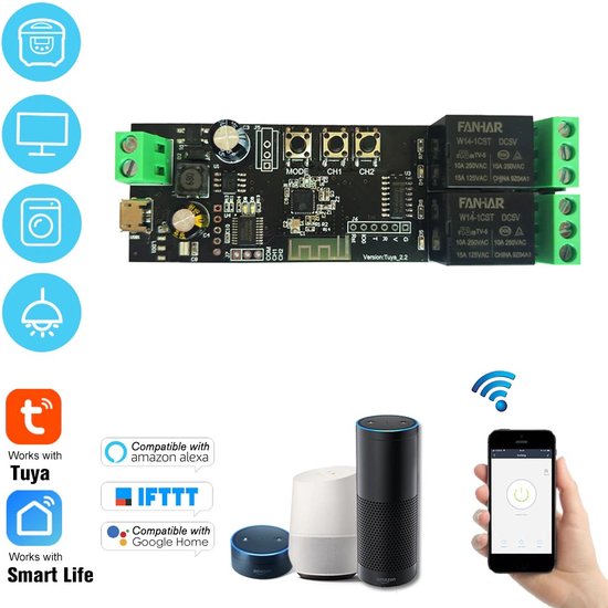 Printplaat met 2 relais, naast iconen van huishoudelijke apparaten en smart home apps.