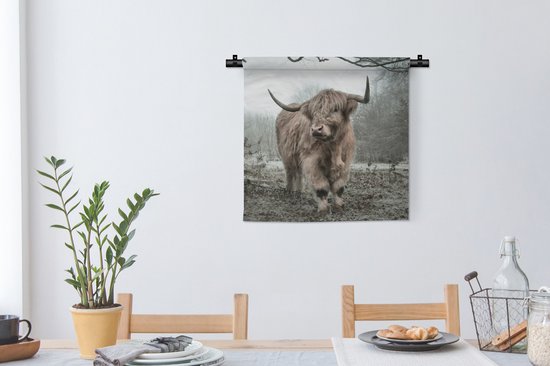 Tenture murale - Tissu mural - Scottish Highlander - Forêt - Brouillard - 60x60 cm - Tapisserie