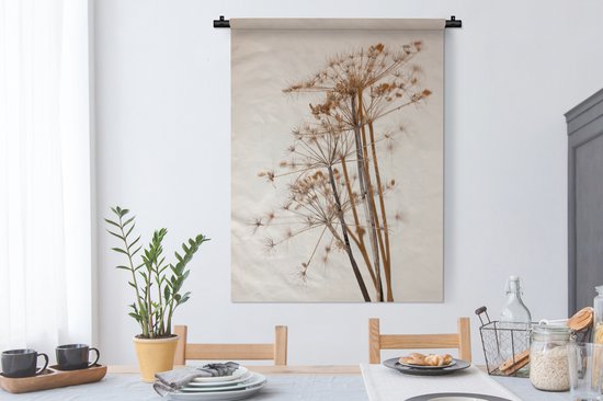 Wandkleed - Wanddoek - Droogbloemen - Stilleven - Wit - Planten - Bloemen - 90x120 cm - Wandtapijt