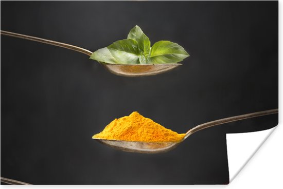 Poster Herbes - Cuillère - Épices - Zwart - Italien - 180x120 cm XXL