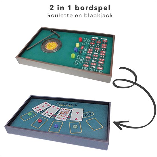 Thumbnail van een extra afbeelding van het spel Cheqo® Casino Set met 2-in-1 Speelmat - Speeltafel - Black Jack - Roulette - Met Speelkaarten - 40 Pokerchips - Roulette Wiel - Hark - Dobbelstenen