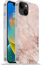 Geschikt voorApple Iphone 14 Plus - Soft case hoesje - Marmer print - Roze - Luxe - Marmer printlook - Glitter - Design - Siliconen Telefoonhoesje