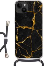 Geschikt voorApple Iphone 14 - Crossbody Case - Marmer print - Goud - Zwart - Marmer printlook - Glitter - Siliconen - Crossbody - Backcover met Koord - Telefoonhoesje met koord - Hoesje met touw