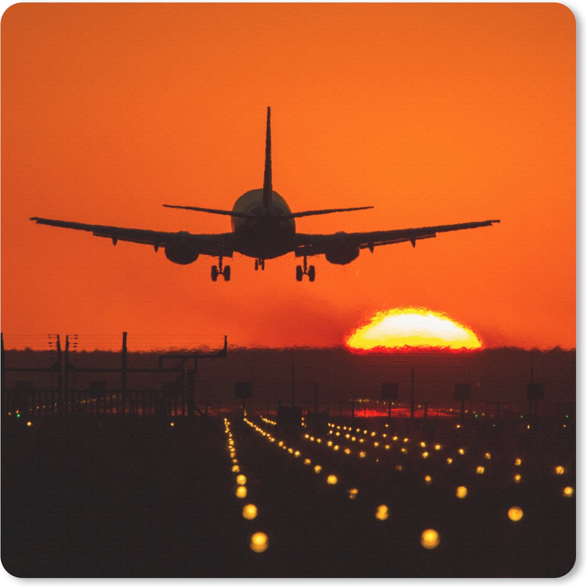 Muismat 20x20 cm - Mousepad Zonsondergang - Vliegtuig - Oranje - Zon - Muismatten