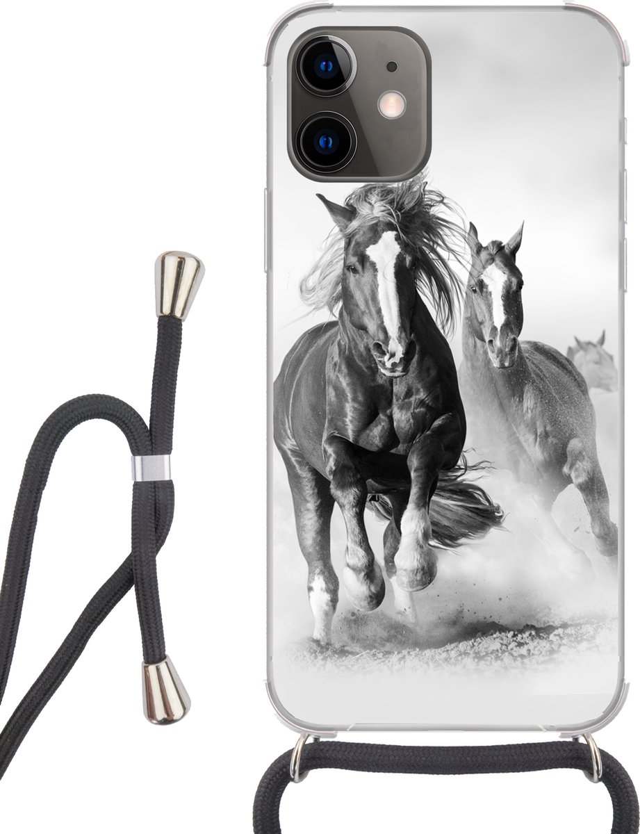 Telefoonhoesje Geschikt voor iPhone 12 Mini - Paarden - Dieren - Illustratie - Siliconen - Crossbody - Backcover met Koord - Telefoonhoesje met koord - Hoesje met touw Telefoonhoesje