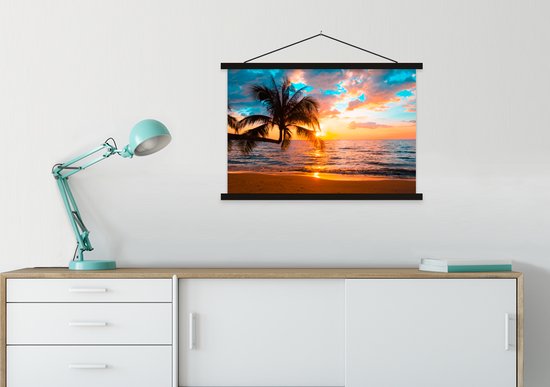 Porte-affiche avec affiche - Affiche scolaire - Palmier - Coucher de soleil - Horizon - Plage - Mer - Tropical - 90x60 cm - Lattes noires