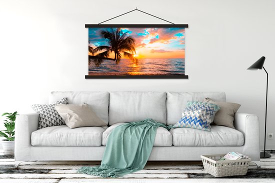 Porte-affiche avec affiche - Affiche scolaire - Palmier - Coucher de soleil - Horizon - Plage - Mer - Tropical - 120x60 cm - Lattes noires