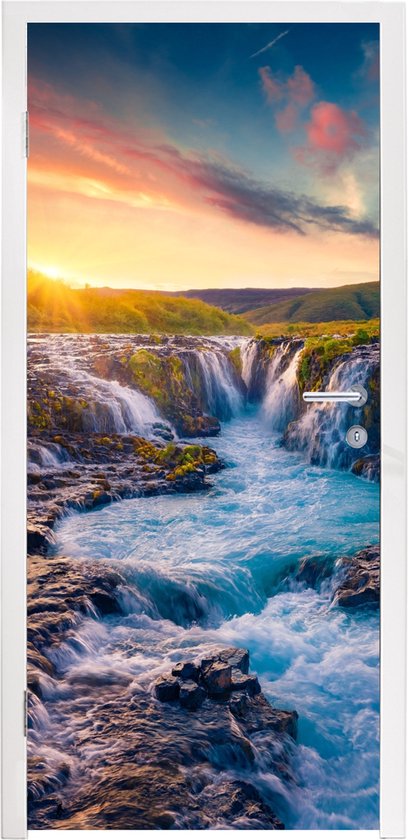 Sticker de porte Cascade - Plantes - Mousse - Paysage - Coucher de soleil - Rocher - 90x215 cm - Poster de porte