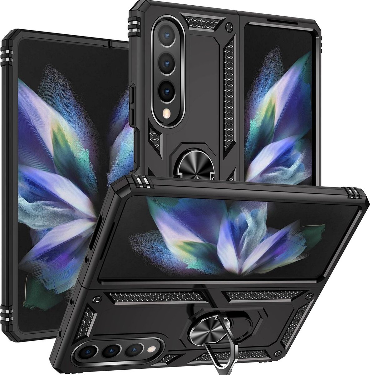 Mobigear Hoesje geschikt voor Samsung Galaxy Z Fold 4 Telefoonhoesje Hardcase | Mobigear Armor Ring Backcover Shockproof met Ringhouder | Schokbestendig Galaxy Z Fold 4 Telefoonhoesje | Anti Shock Proof - Zwart